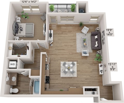 a 3d rendering of a floor plan with a bedroom and a living room
